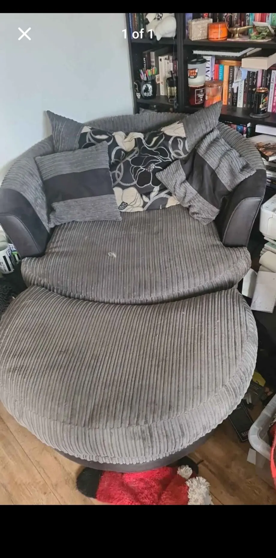 DFS GREY cuddle chair and pouffe
