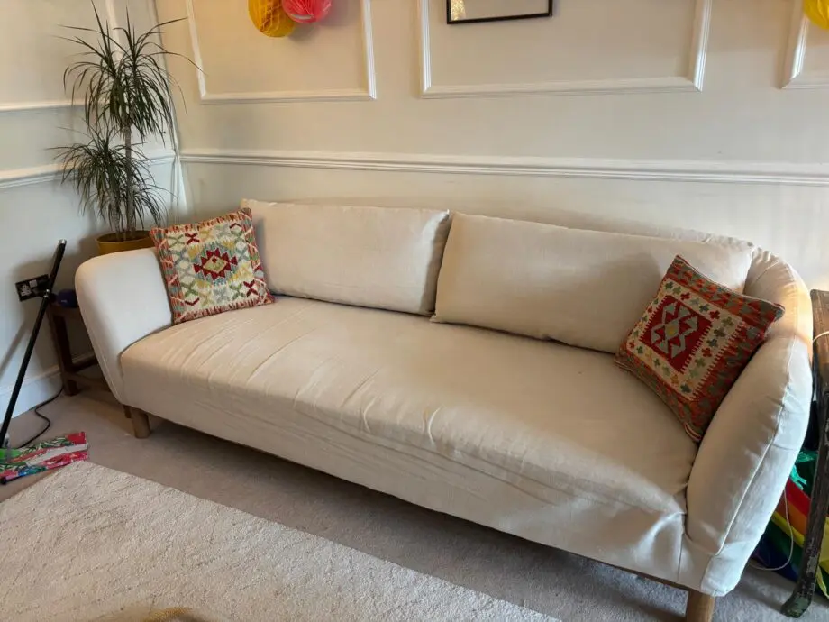 2 x Amber Lewis for Anthropologie Belgian Linen Curved Sofas Cream