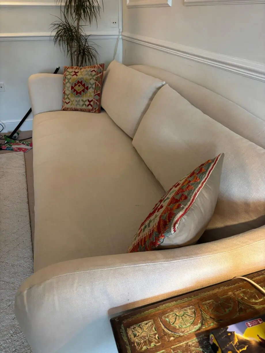 2 x Amber Lewis for Anthropologie Belgian Linen Curved Sofas Cream