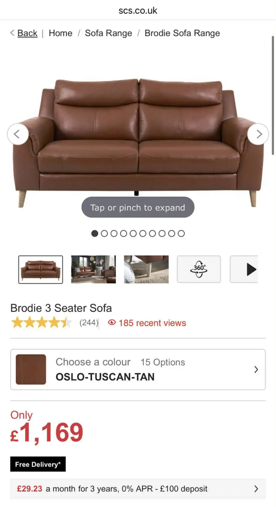 SCS Olso Tuscan Tan Brodie Genuine Leather 3 Seater Sofa only a few months old