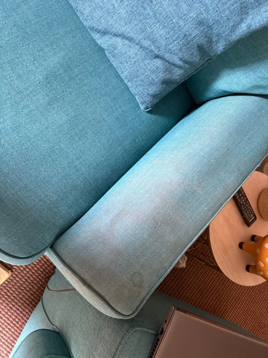 This has had 2 previous owners. First owner hadn’t used it, it’s been kept in good condition. The sofa is soft blue, it provides comfort and uplifts the room.