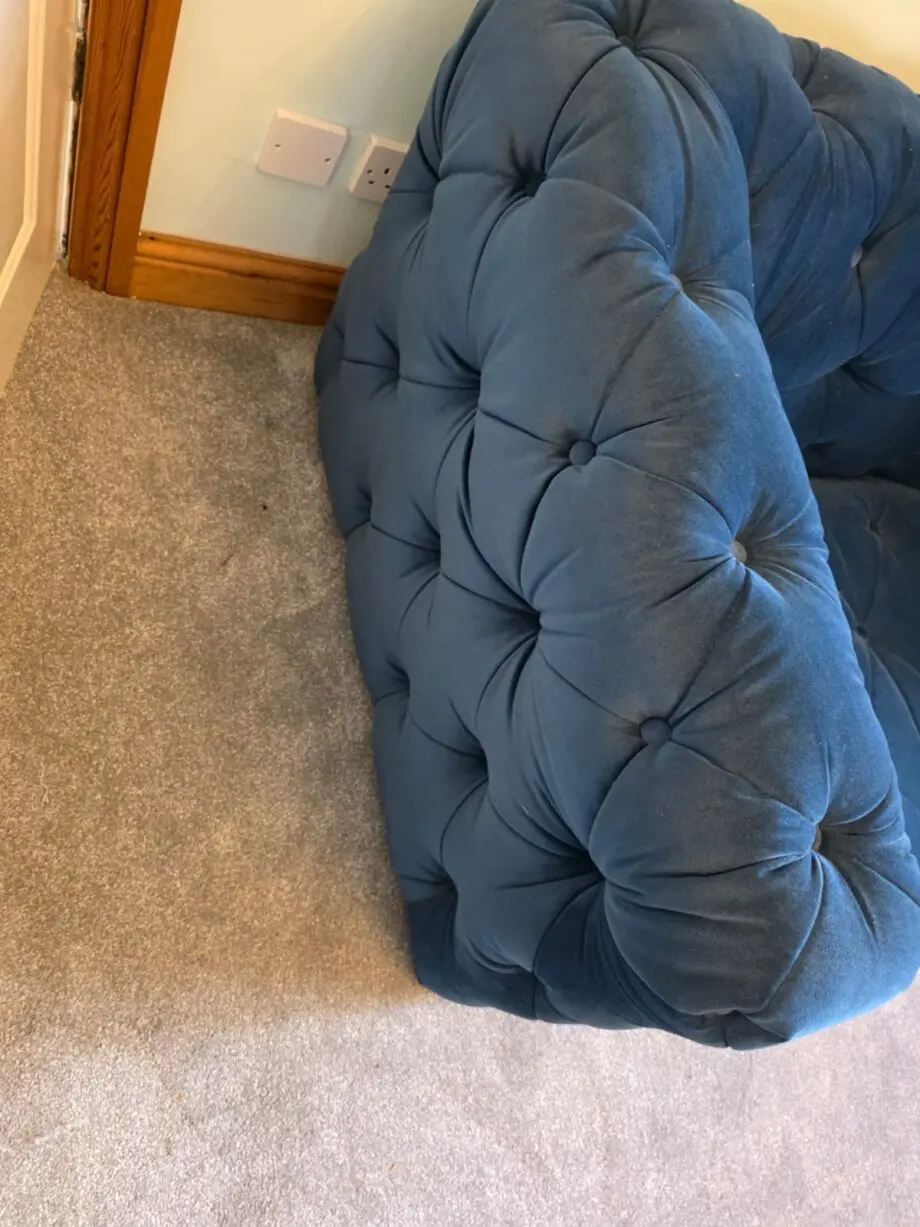Blue Cuddle Sofa with broken back foot