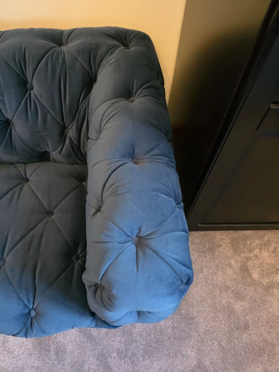 Blue Cuddle Sofa with broken back foot