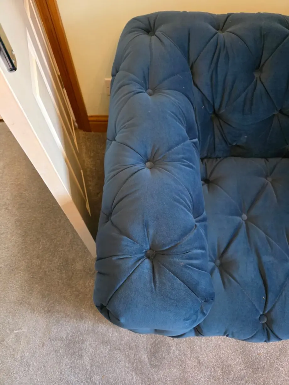 Blue Cuddle Sofa with broken back foot