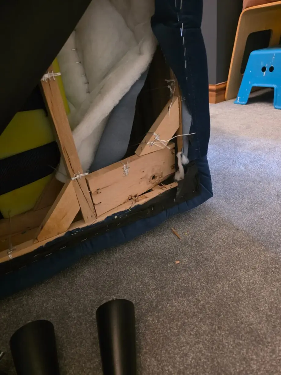 Blue Cuddle Sofa with broken back foot