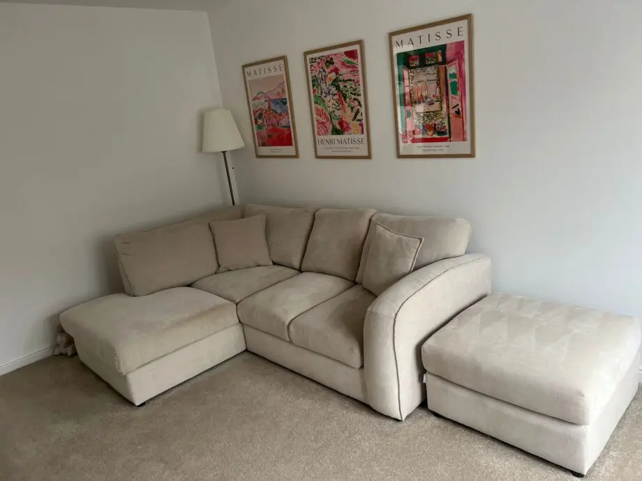 Left corner Oxford couch-soft beige. Footstool included.