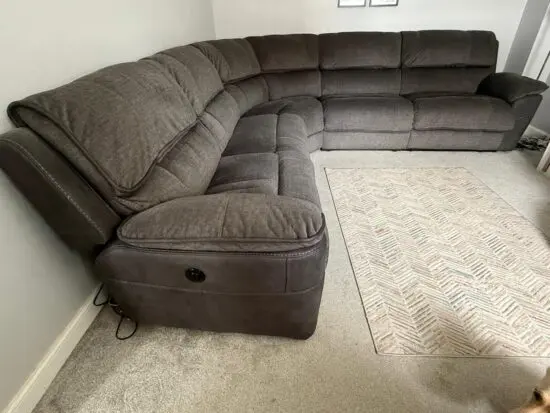 Cousins Southgate Grey Fabric Corner Sofa set and armchair power recliners