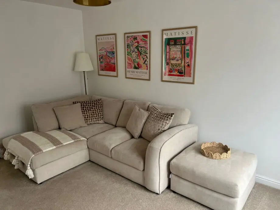 Left corner Oxford couch-soft beige. Footstool included.