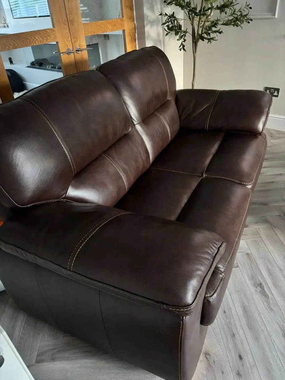 2x Oakfurnitureland two tone Brown Leather 2 seater sofas