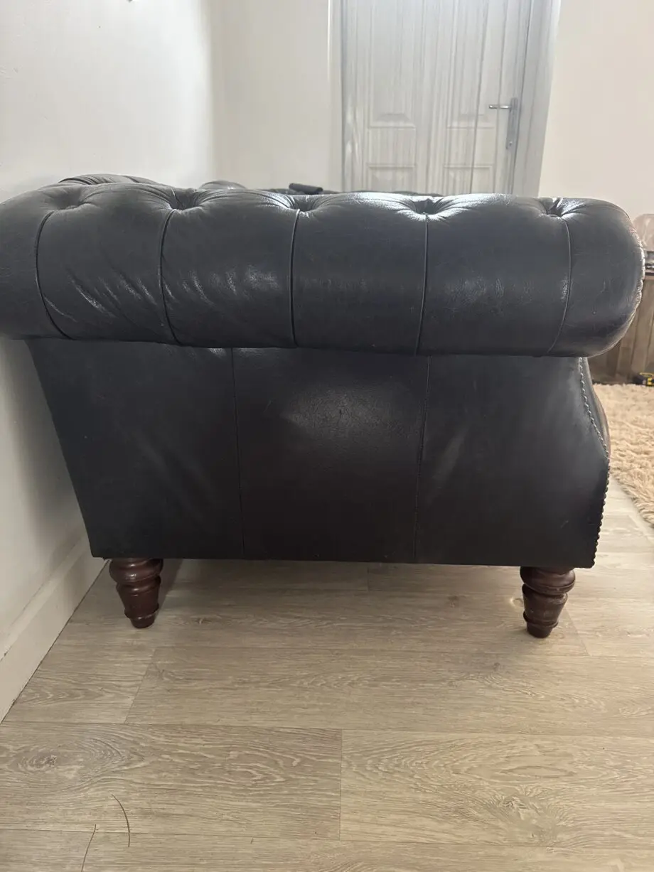 DFS, black, chesterfield