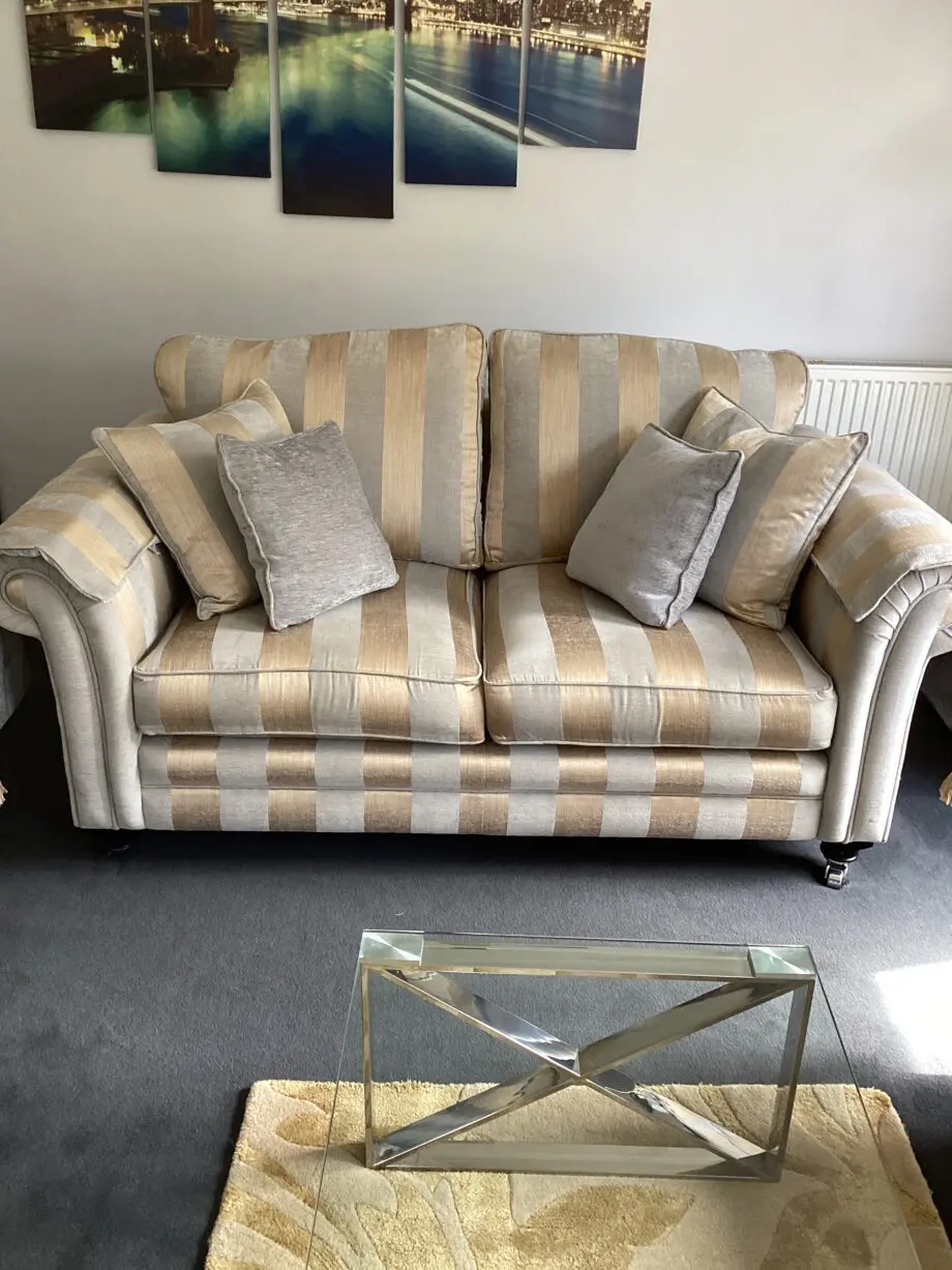 2 x 2 Duresta co-ordinating settees 1 striped fabric,1 large floral fabric.