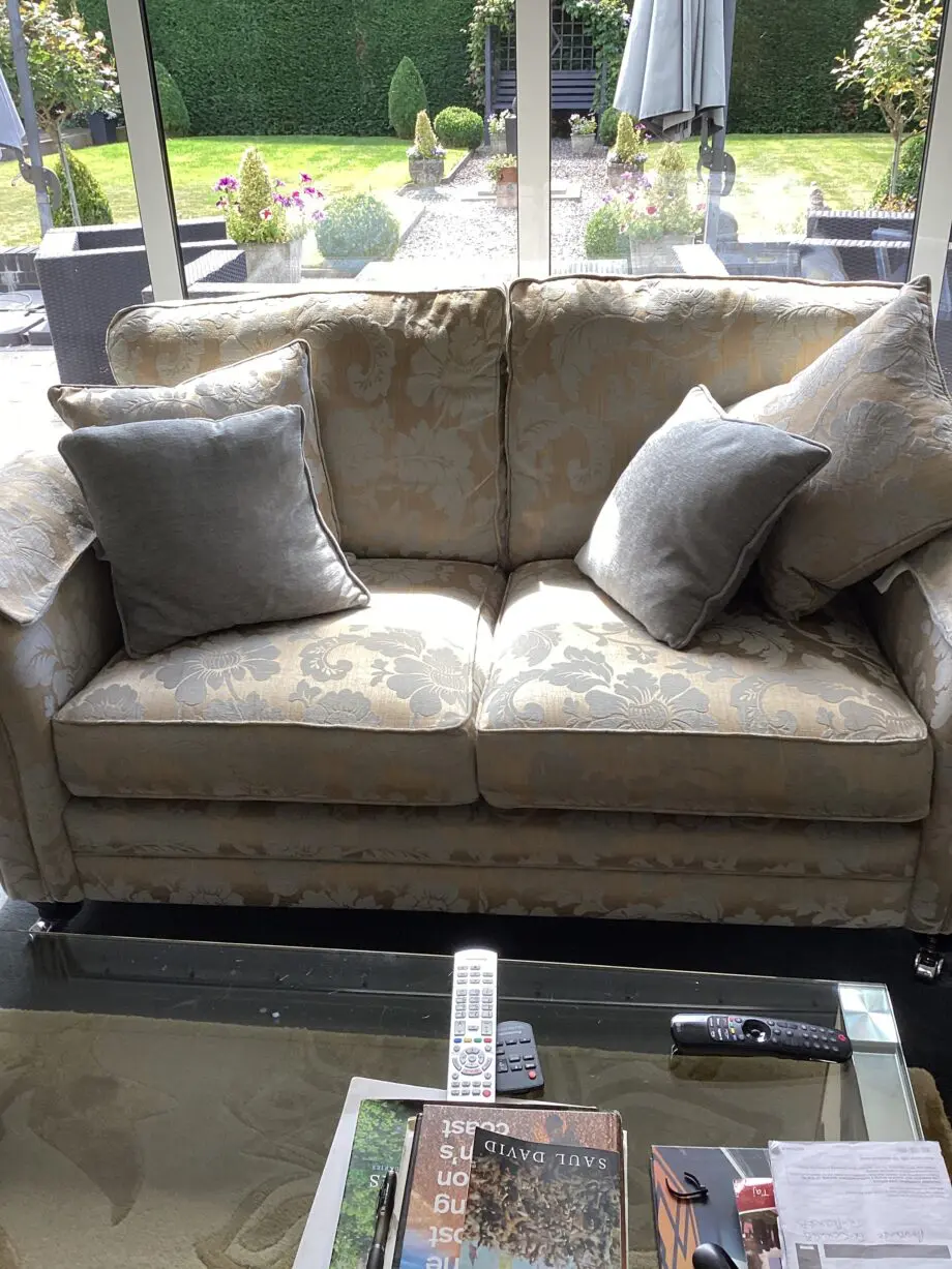 2 x 2 Duresta co-ordinating settees 1 striped fabric,1 large floral fabric.