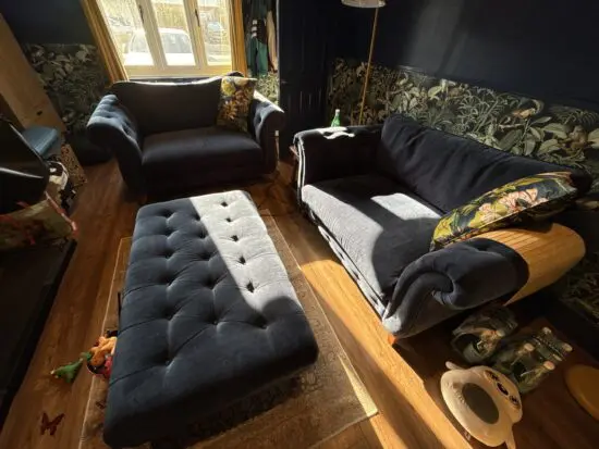 Furniture Village Navy Blue Snugglers and Footstall Set