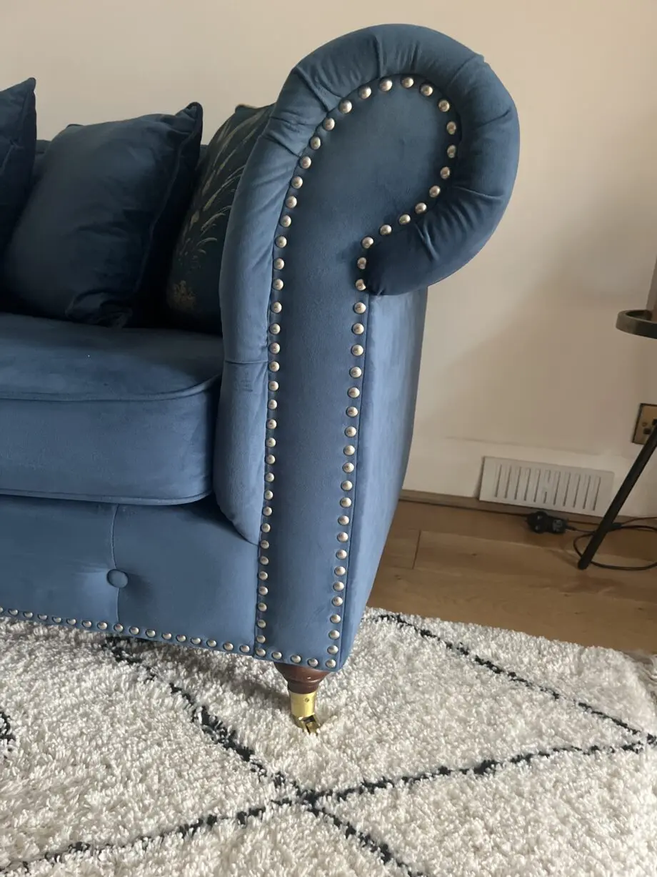 Oak furniture land Chesterfield navy chaise corner sofa with matching footstool and cushions
