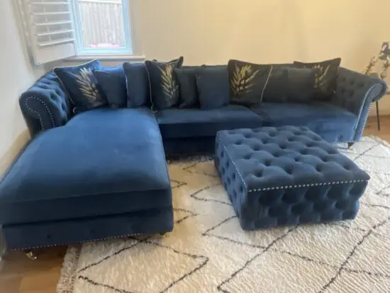 Oak furniture land Chesterfield navy chaise corner sofa with matching footstool and cushions