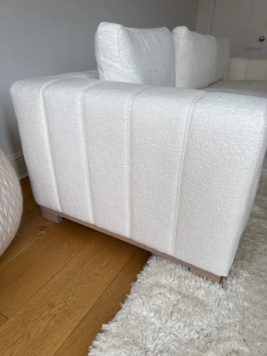 Belsize beige boucle sofa with wooden base, large chaise right hand facing