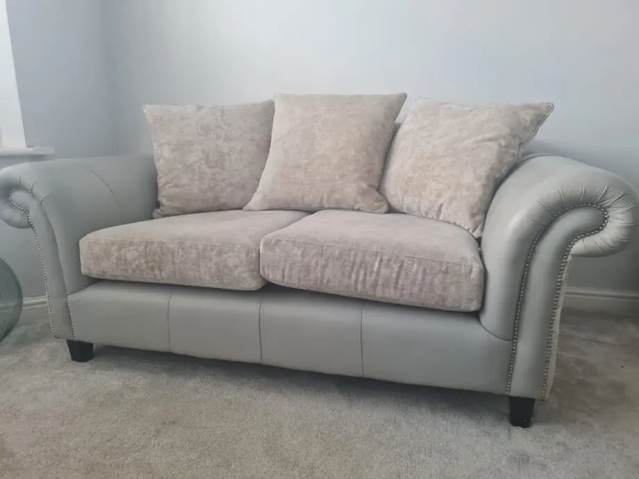 Custom made grey /silver leather and chenille 2.5 sofas
