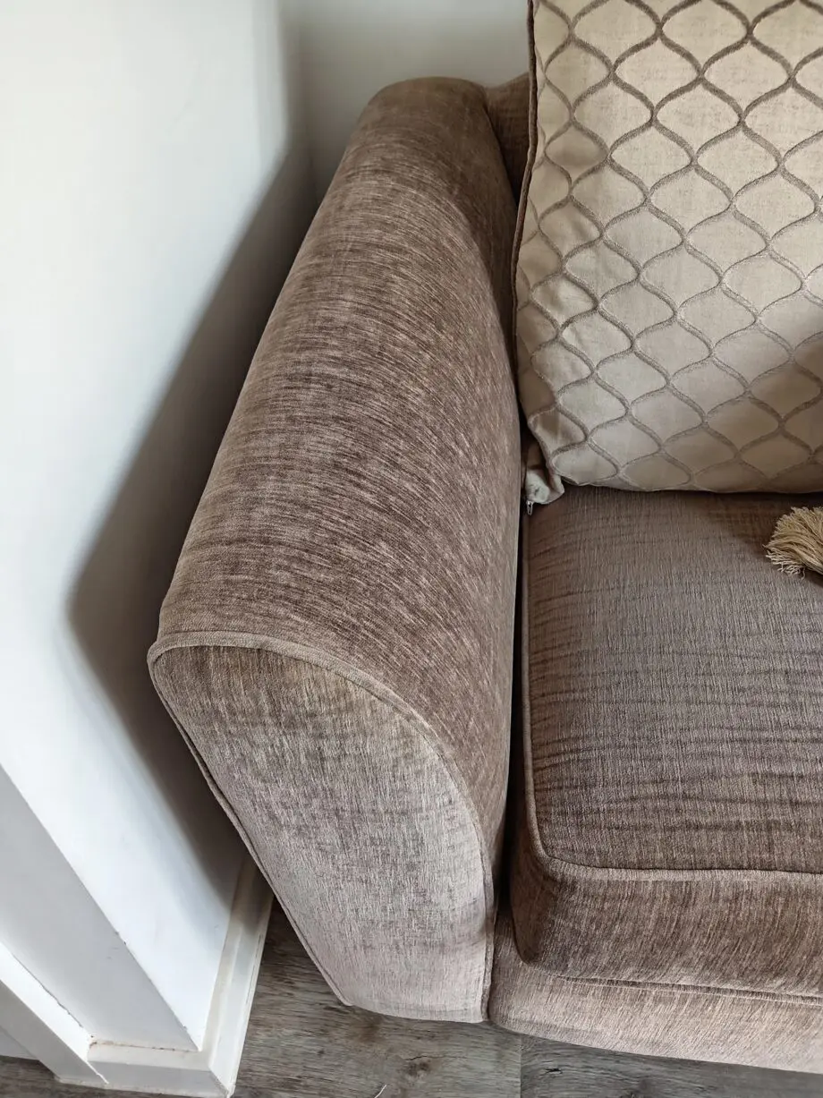 2 x 2 seater beige chenille sofas. Excellent quality and condition