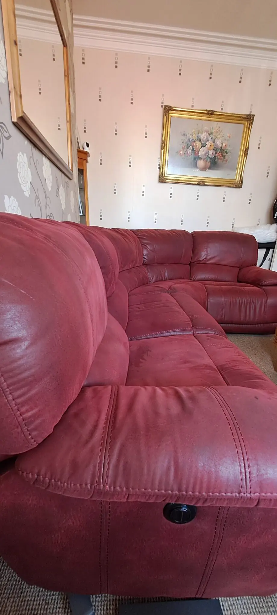 Large soft red leather corner sofa. Seats 5.