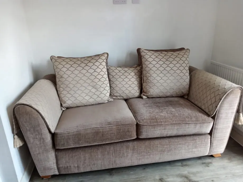 2 x 2 seater beige chenille sofas. Excellent quality and condition