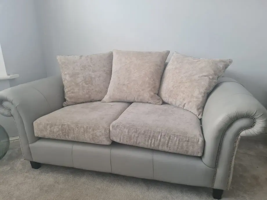 Custom made grey /silver leather and chenille 2.5 sofas