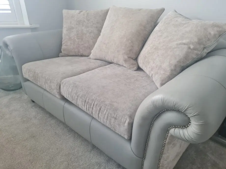 Custom made grey /silver leather and chenille 2.5 sofas