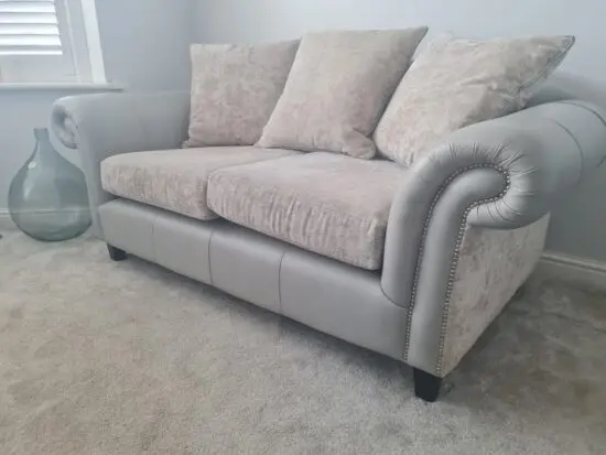 Custom made grey /silver leather and chenille 2.5 sofas