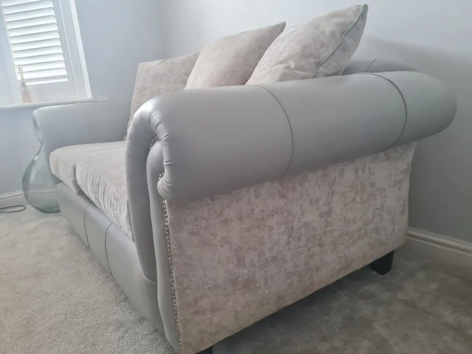 Custom made grey /silver leather and chenille 2.5 sofas