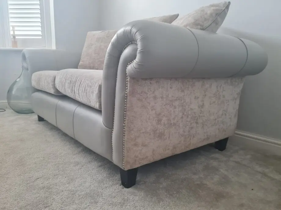 Custom made grey /silver leather and chenille 2.5 sofas