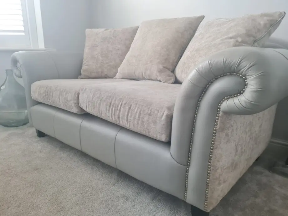 Custom made grey /silver leather and chenille 2.5 sofas