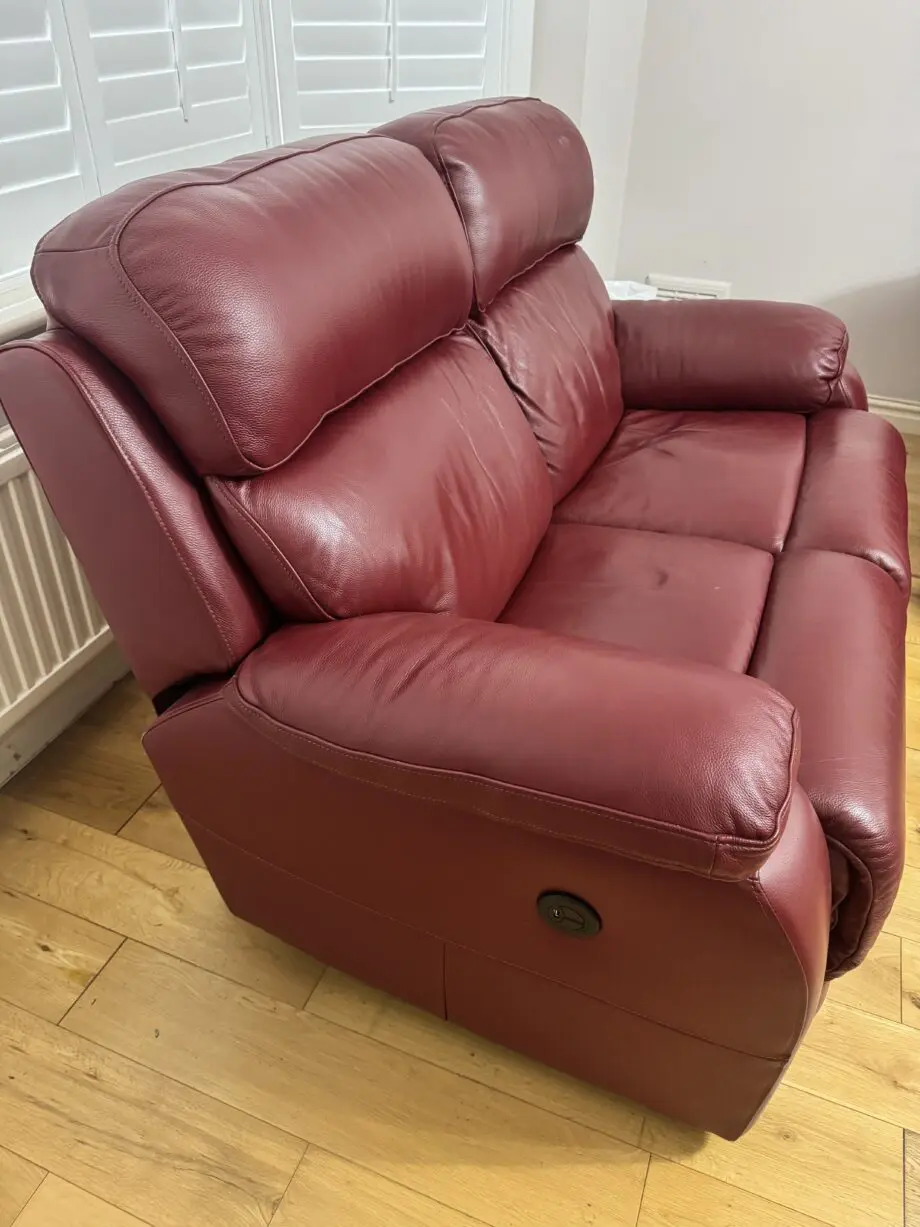 DFS 3 seater and 2 seater leather recliner sofa in wine red colour