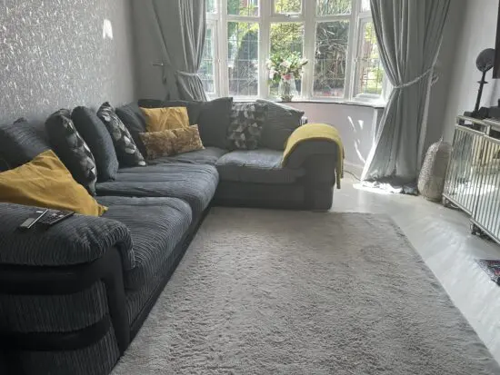 Harvey’s Ashmore Grey Velvet & Black faux leather Corner Sofa- left Side