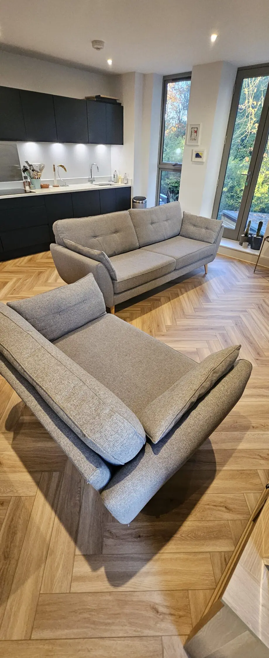 French Connection 3 piece suite and footstool