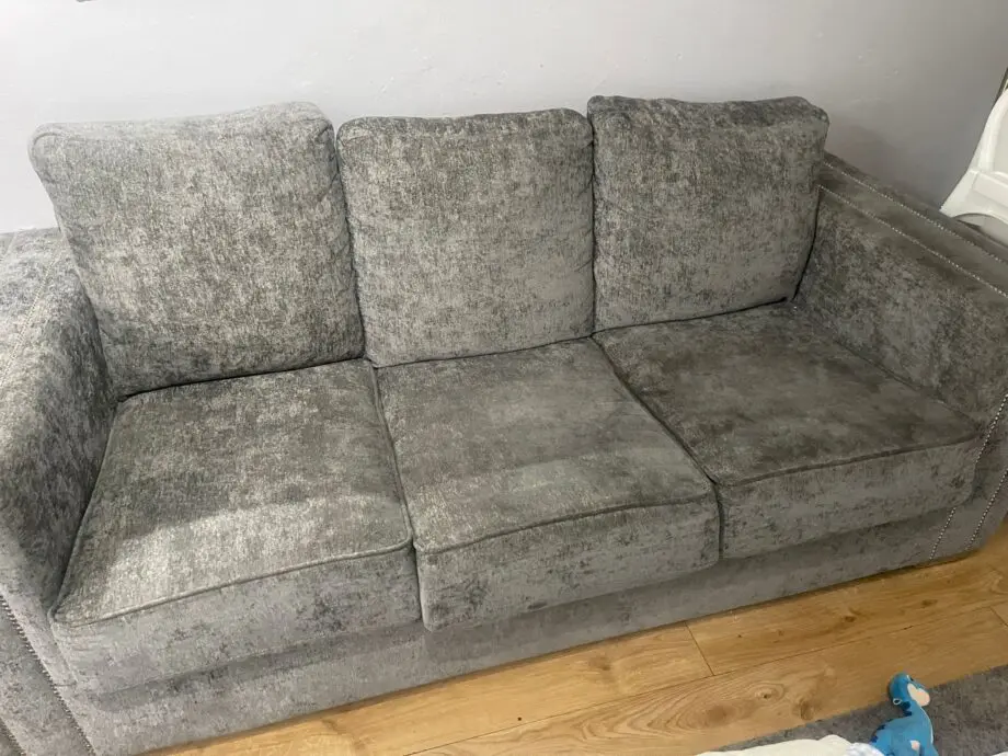 3 + 2 Sofa In Silver Distressed Velor Fabric With Stud Detail On Arms