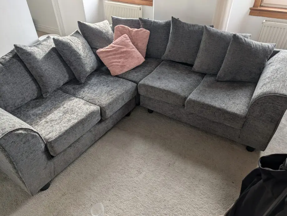 Grey L corner sofa & swivel chair