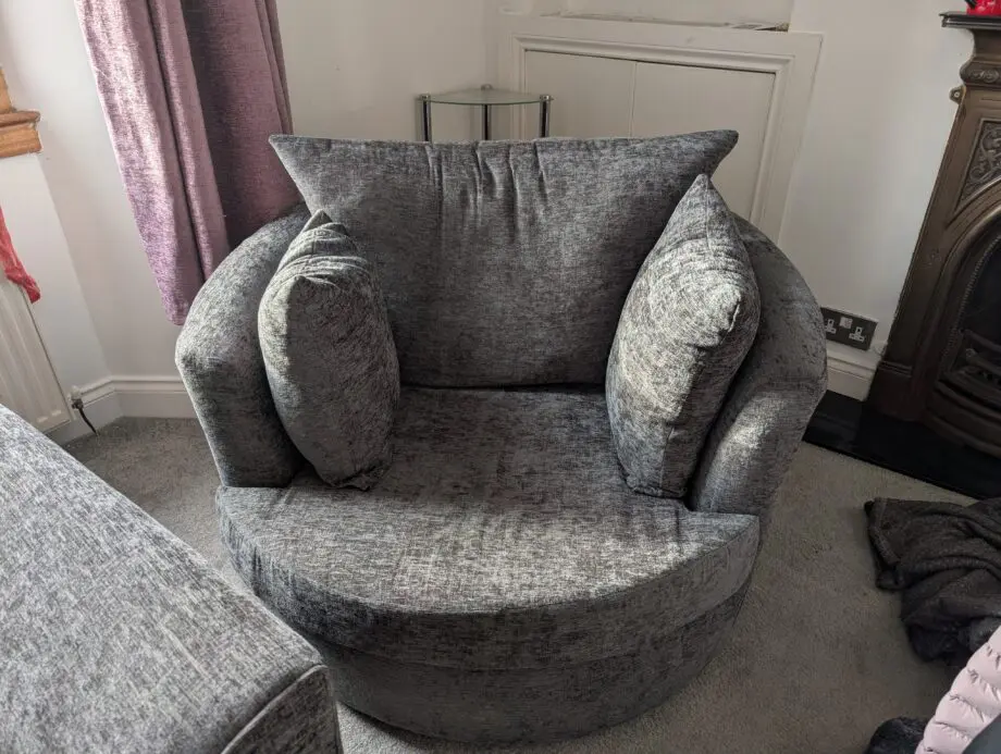 Grey L corner sofa & swivel chair