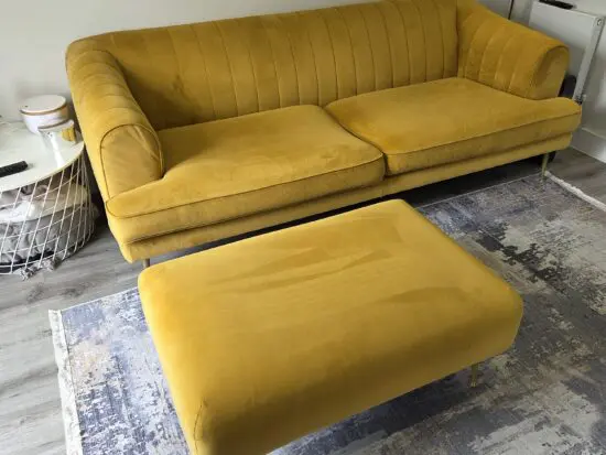 Dfs yellow mustard sofa and footstool
