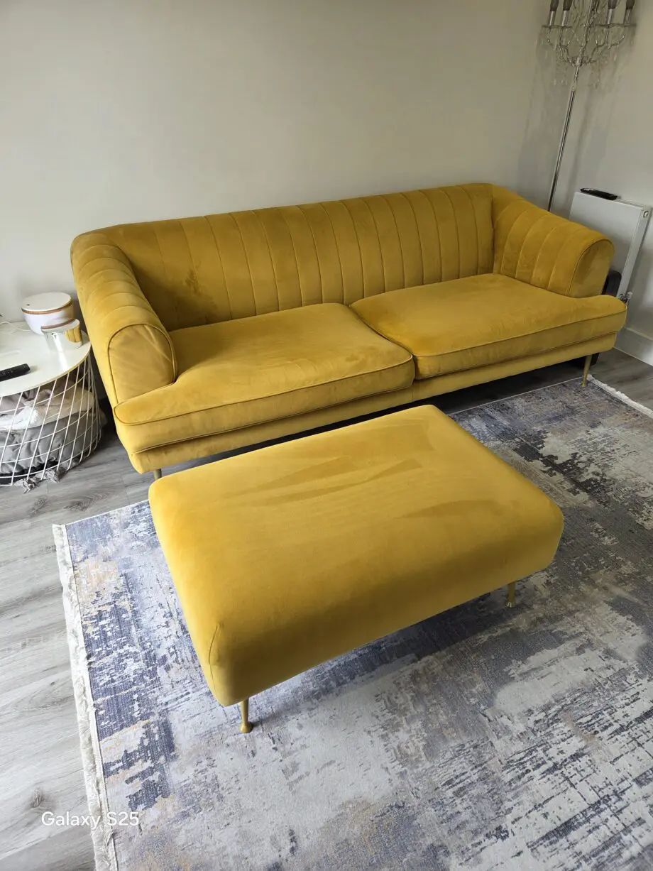 Dfs yellow mustard sofa and footstool