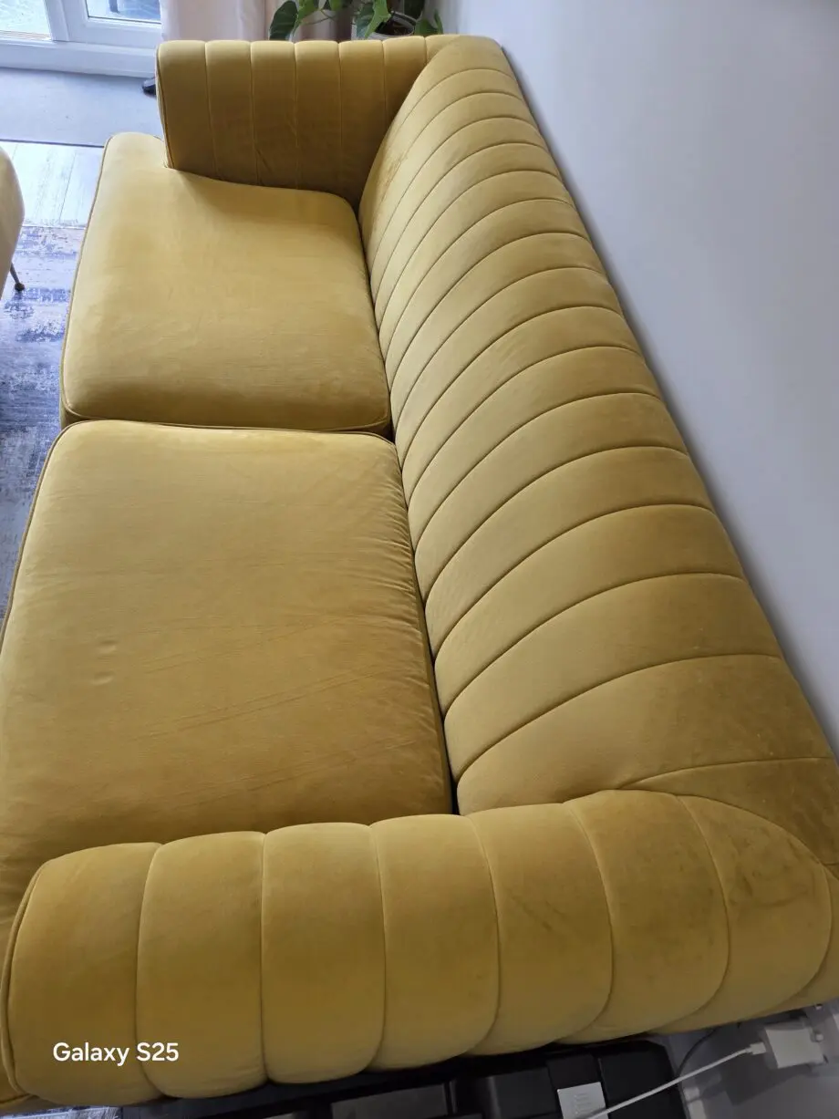 Dfs yellow mustard sofa and footstool
