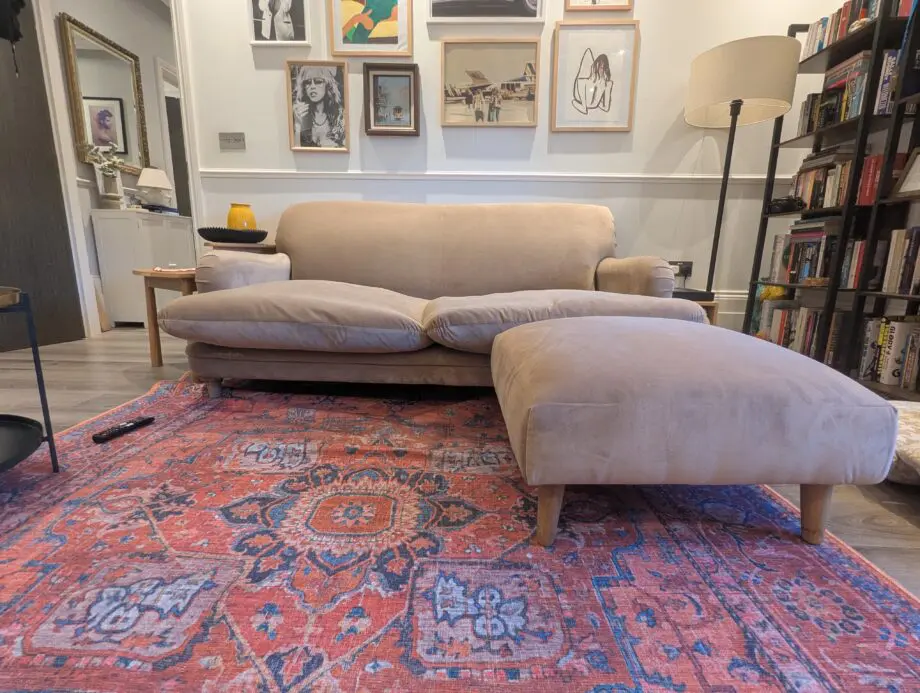 Loaf Pudding 2-seater sofa (milky) & sugarplum footstool