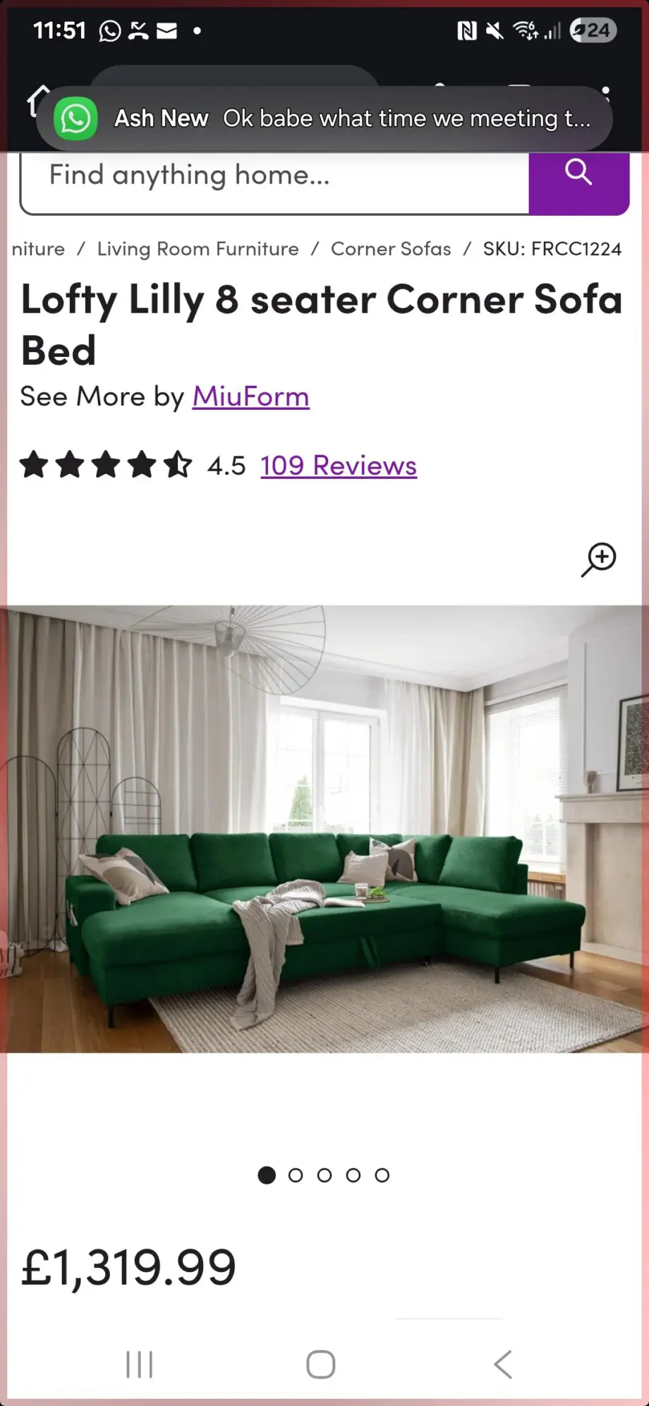 Wayfay lofty lilly 8 seater Emerald Green pull out sofa bed