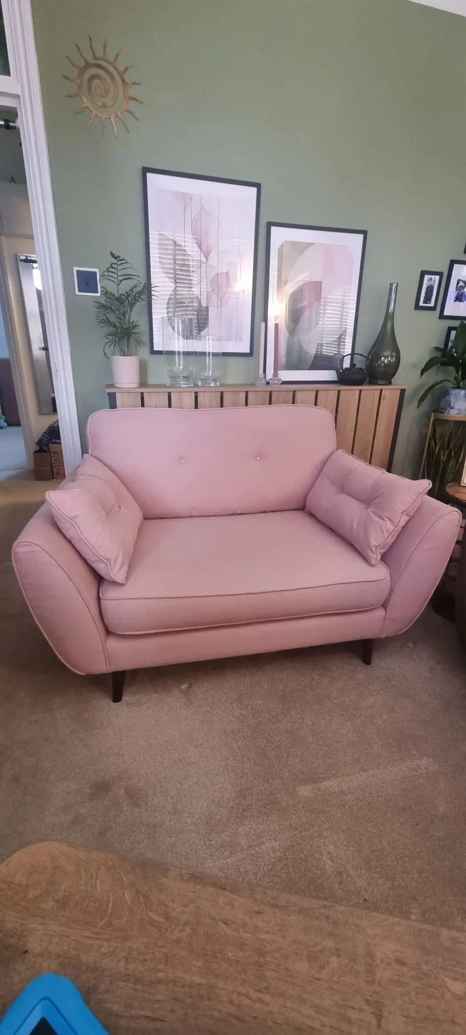 DFS Zinc by French Connection pink cuddler sofa