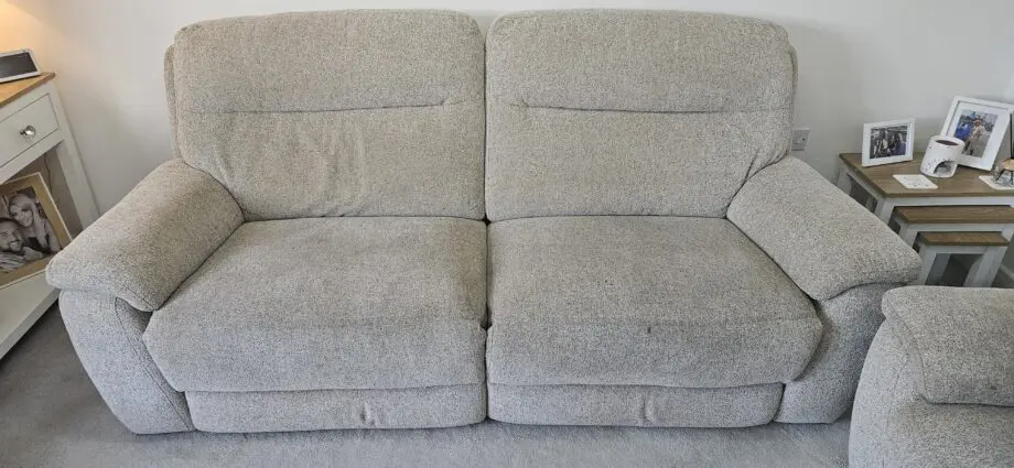 DFS 3 and 2 seater beige manual recliner sofa with ottoman Puffe