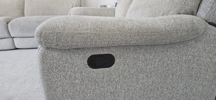 DFS 3 and 2 seater beige manual recliner sofa with ottoman Puffe