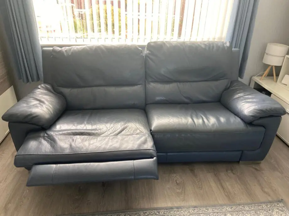 2 x 3 seater blue leather recliner sofas fromDFS