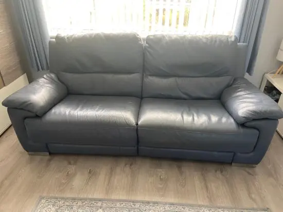 2 x 3 seater blue leather recliner sofas fromDFS