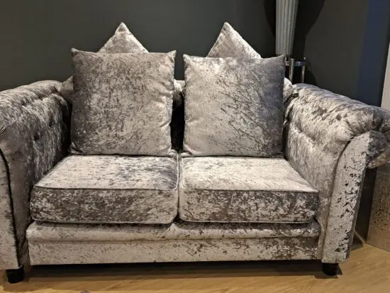 crushed velvet, silver sofas. Bought online.