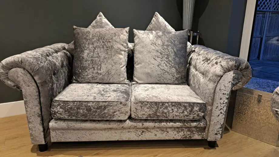 crushed velvet, silver sofas. Bought online.