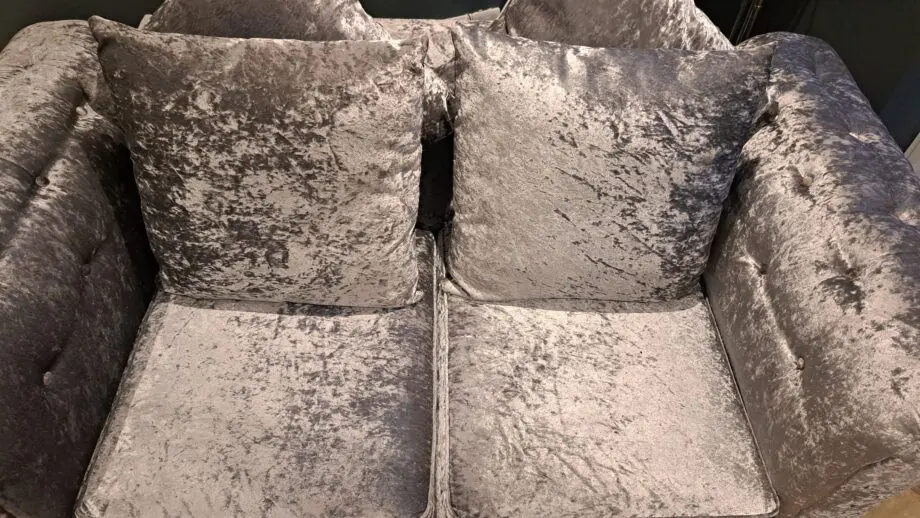 crushed velvet, silver sofas. Bought online.