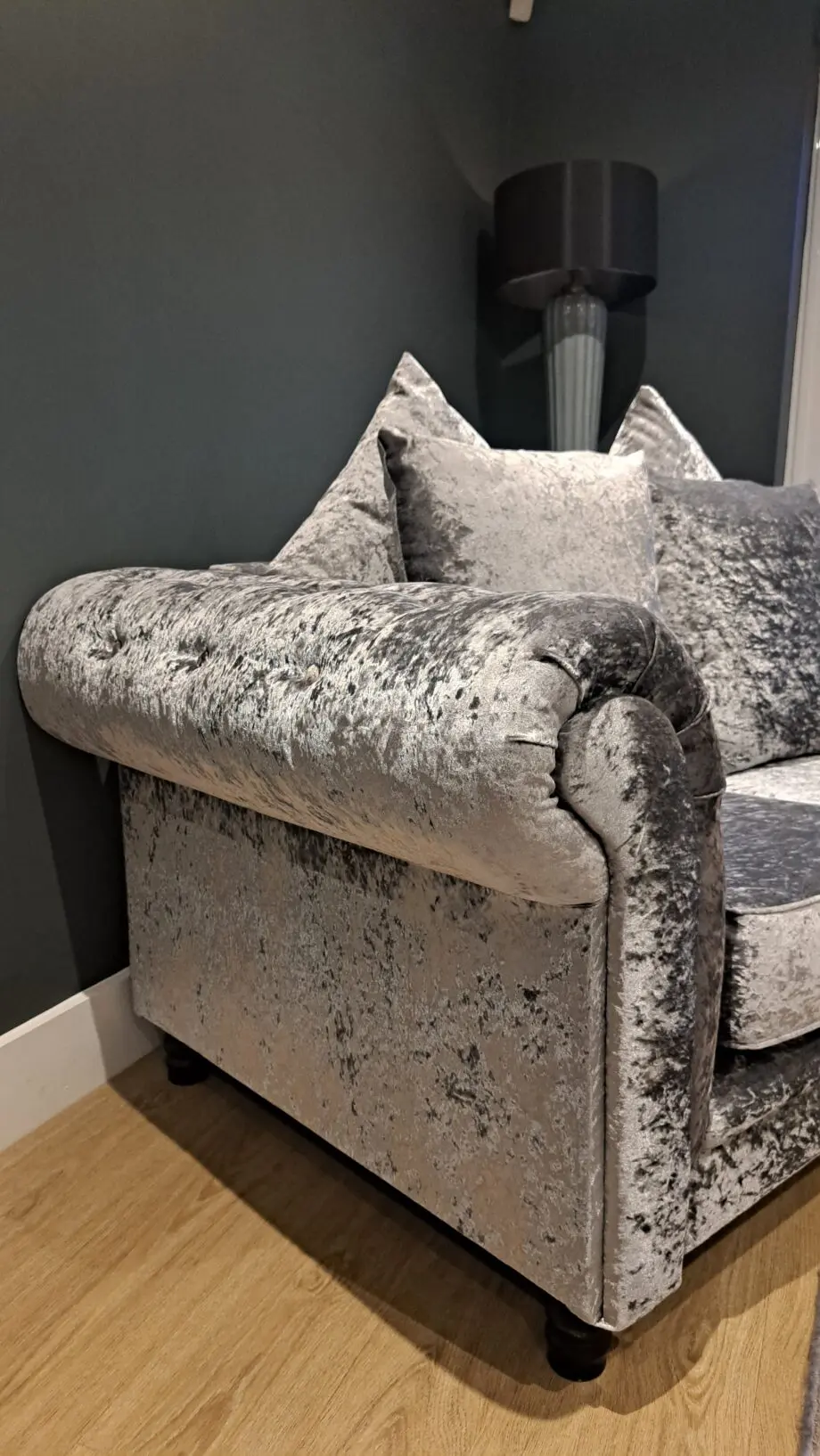 crushed velvet, silver sofas. Bought online.